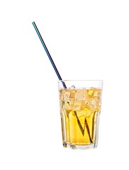 Longdrink on ice  with metal drinking straw  isolated on white background .