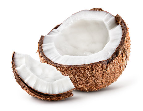 Coco. Coconut half and piece isolated. Cocos white. Full depth of field.