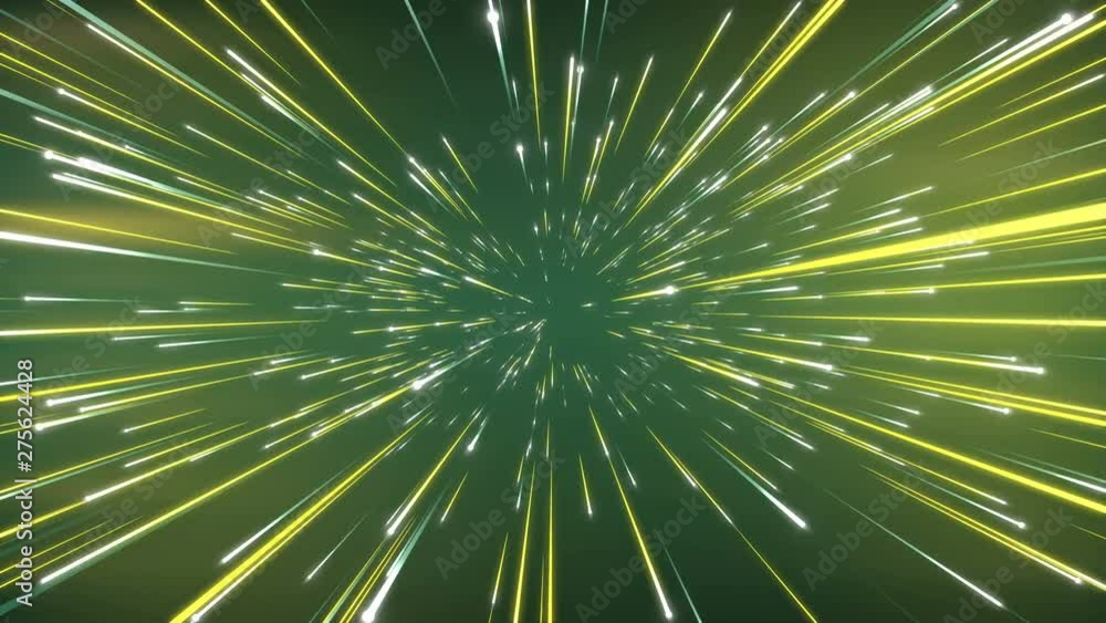 Poster Hyper jump flight in space. Computer generated abstract cosmic background. Green and yellow glowing stars, cosmos. Big bang, galaxy, speed of light. 3D render loop animation. 4K, Ultra HD resolution.