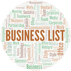 Business List word cloud. Collage made with text only.