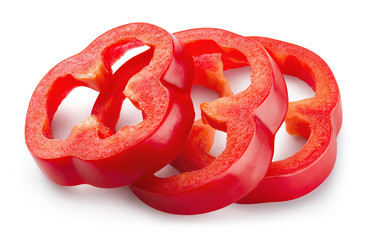 Red paprika. Pepper slices isolated. Red bell pepper. Cut peppers. With clipping path. Full depth...
