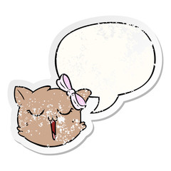 cartoon cat face and speech bubble distressed sticker
