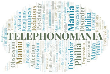Telephonomania word cloud. Type of mania, made with text only.