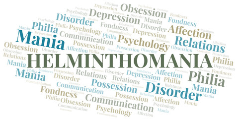 Helminthomania word cloud. Type of mania, made with text only.