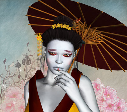 Fantasy sad geisha portrait with an umbrella