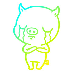 cold gradient line drawing cartoon pig crying