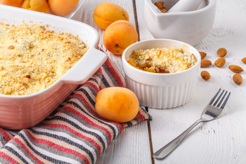 Homemade mix apricot crumble . Healthy breakfast concept