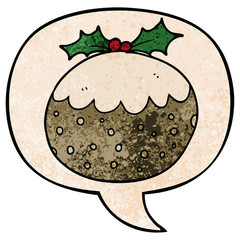 cartoon christmas pudding and speech bubble in retro texture style