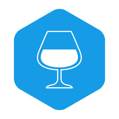  Icono plano copa coñac lineal en hexágono color azul