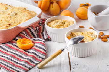 Breakfast concept for health, apricot crumble pie