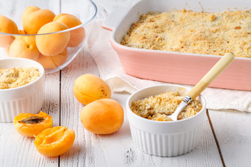 Homemade mix apricot crumble . Healthy breakfast concept