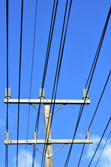 Vertical view of electric grid wires going through isolators on top of pole.