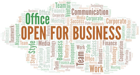 Open For Business word cloud. Collage made with text only.