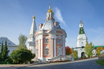 Holy Trinity Lavra of St. Sergius.  The temple in honor of St. Zosima and Savvaty of Solovky, the Church of the Smolenskaya icon of the Mother of God and Kalichya tower. Sergiev Posad, Russia