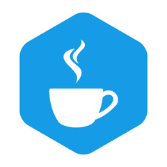 Icono plano taza café humeante en hexágono color azul