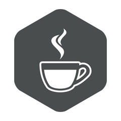 Icono plano taza café humeante lineal en hexágono color gris