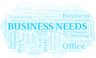 Business Needs word cloud. Collage made with text only.