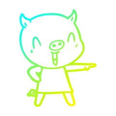 cold gradient line drawing happy cartoon pig in dress