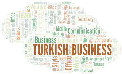 Turkish Business word cloud. Collage made with text only.