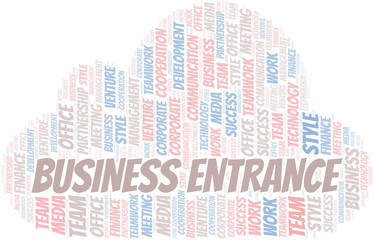 Business Entrance word cloud. Collage made with text only.