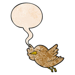 cartoon bird flying and speech bubble in retro texture style