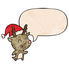 cartoon christmas reindeer and speech bubble in retro texture style