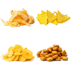 Salty snacks. Pretzels, chips, crackers collage