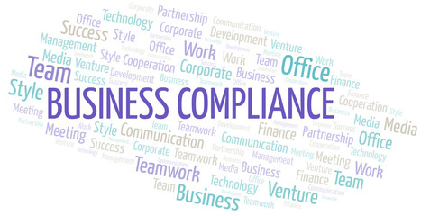 Business Compliance word cloud. Collage made with text only.