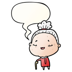 cartoon old woman and walking stick and speech bubble in smooth gradient style