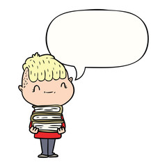 cartoon friendly boy and books and speech bubble