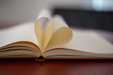 Heart from page of book concept with blurred bright light background and vintage tone