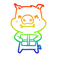 rainbow gradient line drawing angry cartoon pig with christmas gift