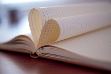 Heart from page of book concept with blurred bright light background and vintage tone