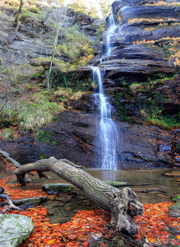 Cascada de Uguna en Gorbea con tronco ca&iacute;do en primer plano
