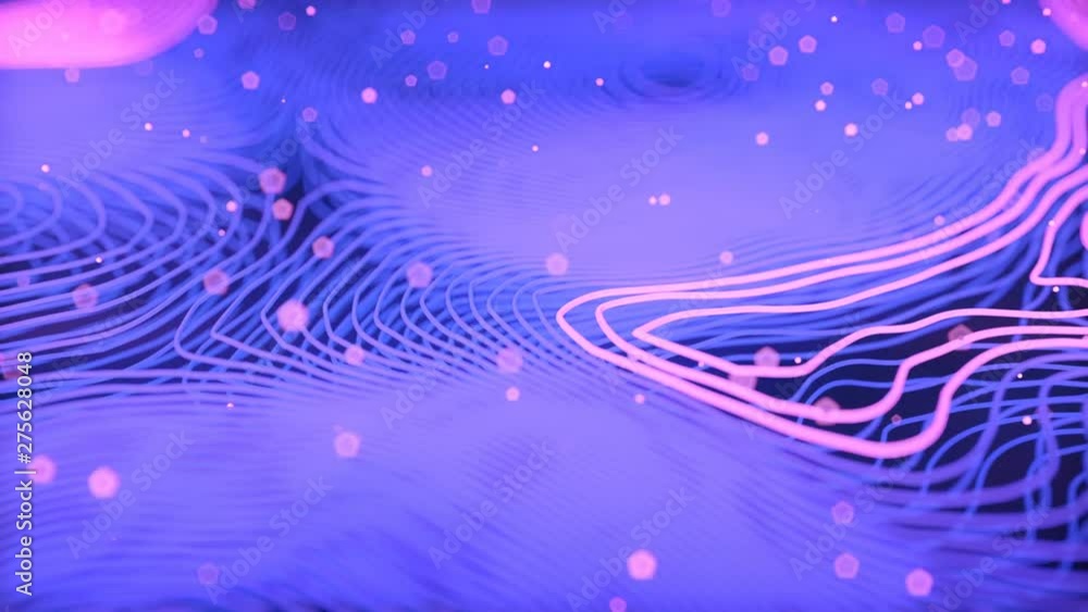 Aufkleber Blue colored abstract background with bright particles. Deformed wavy wires with motion glowing elements. Depth of field. 3D render loop animation. 4K, Ultra HD resolution.