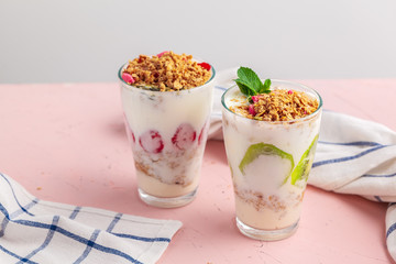Homemade healthy yogurt with muesli and blueberries