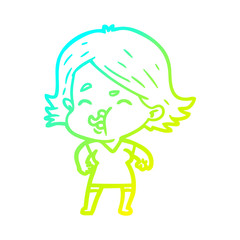 cold gradient line drawing cartoon girl pulling face