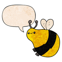 cartoon bee and speech bubble in retro texture style
