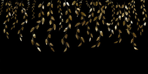 Golden branches with leaves on a black background. Gold background for website design, interior design .Vector.