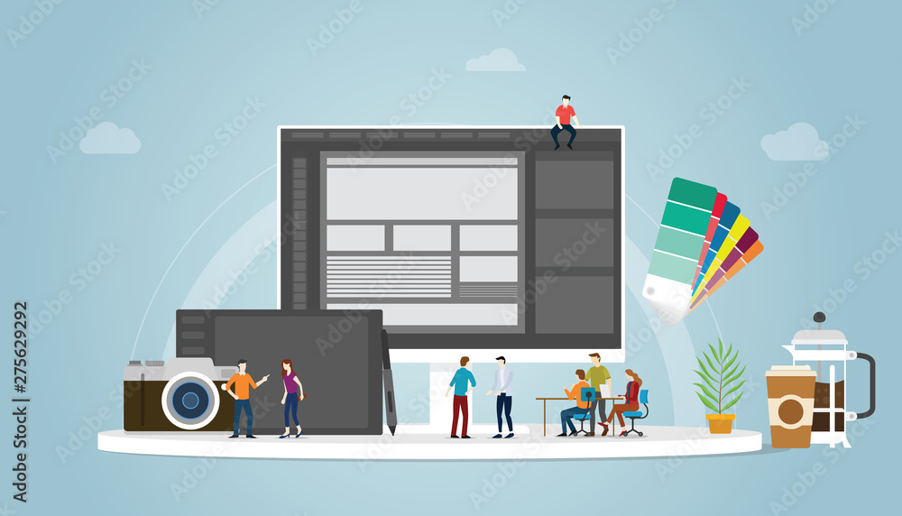 Poster graphic design and designer concept with team people and some tools like pen tablet pantone and comp