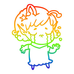 rainbow gradient line drawing cartoon crying alien girl