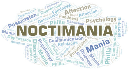 Noctimania word cloud. Type of mania, made with text only.