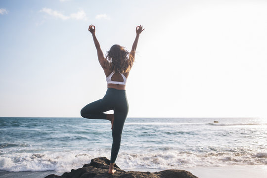 Back View Of Fitness Girl Doing Regular Yoga Practice For Creates Mental Clarity And Mind Calmness, Young Woman In Tree Pose Training Asana During Spiritual Exercise For Search Zen And Chakra