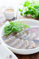 Jellied pork tongue at home, selective focus