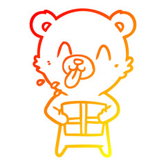 warm gradient line drawing rude cartoon polar bear sticking out tongue with present