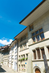  historic cobblestone streets and buildings in the old town of the Swiss city of Fribourg