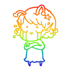 rainbow gradient line drawing cartoon crying alien girl
