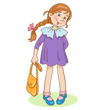Cute little girl with a small bag in her hand. In cartoon style. Isolated on white background. Vector illustration.