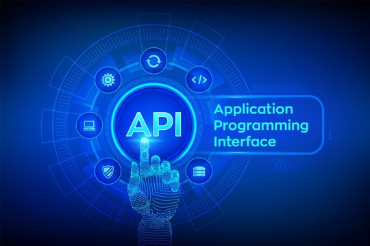 API. Application Programming Interface, software development tool, information technology and business concept on virtual screen. Robotic hand touching digital interface. AI. Vector illustration.
