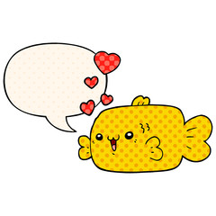 cute cartoon fish and love hearts and speech bubble in comic book style